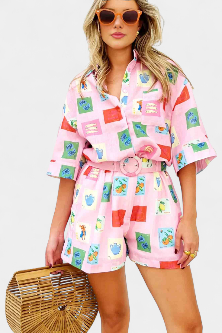 Mariluz Pink Printed Shirt and Shorts Set