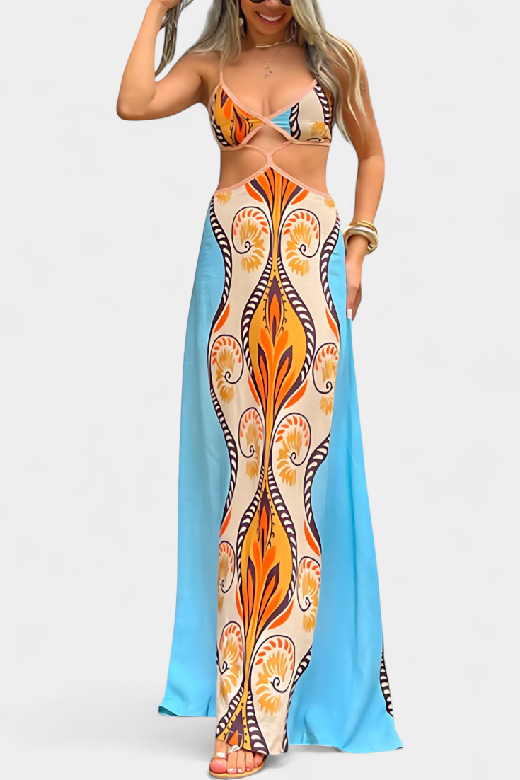 Slit Dress with Abstract Pattern and Open Back