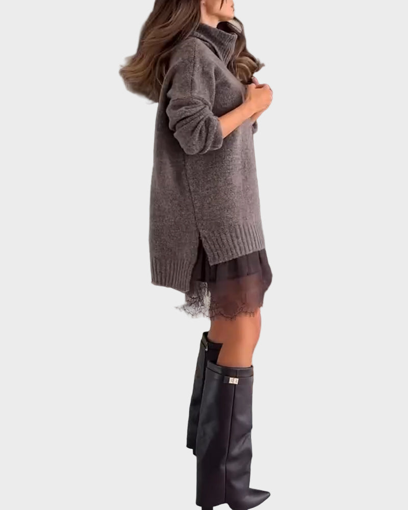 Two-piece casual set with lace turtleneck