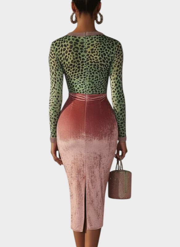Regitze | Pink Velvet Bodycon Dress With Patchwork Straps And Leopard Pattern