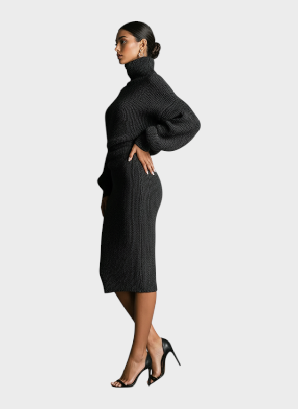 Bettina | Women's Khaki Knitted Midi Dress with High Neck and Oversized Silhouette