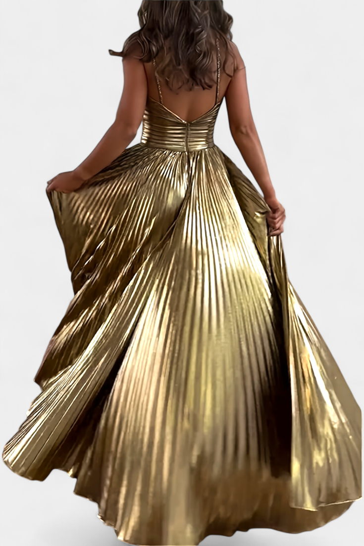 Aikaterini Metallic Maxi Dress with Crisscross Neckline and Slit