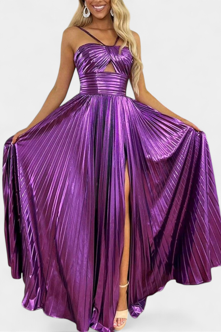Aikaterini Metallic Maxi Dress with Crisscross Neckline and Slit