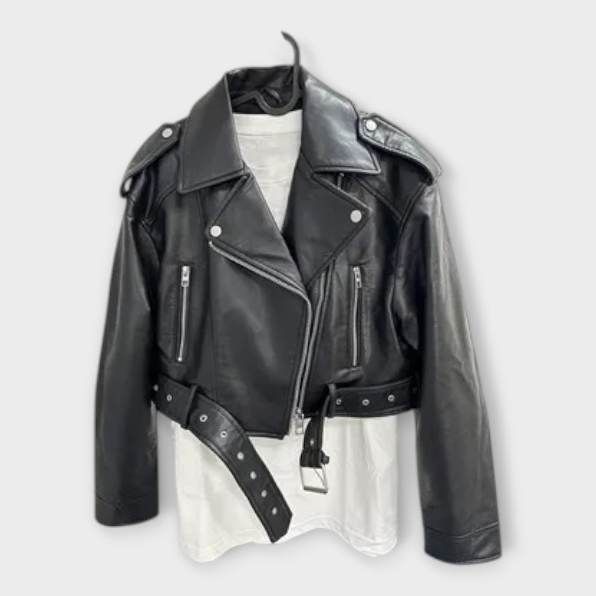 Modern Short Leather Jacket with Belt and Sophisticated Aesthetics