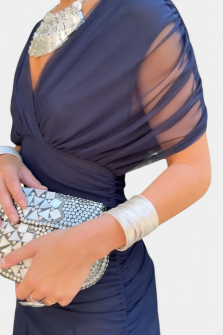 Alondra Long Dress with Floral Fancy Design and Decollete