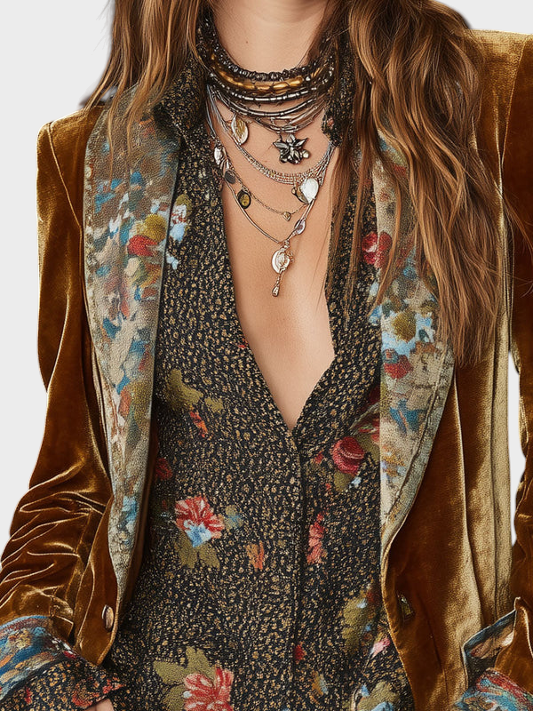 Kerstin | Vintage Handle Polyester Velvet Floral Print Patch Blazer