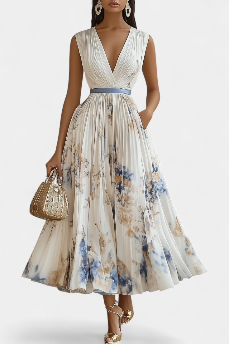 Elise Sleeveless Pleated Midi Dress with Floral Print