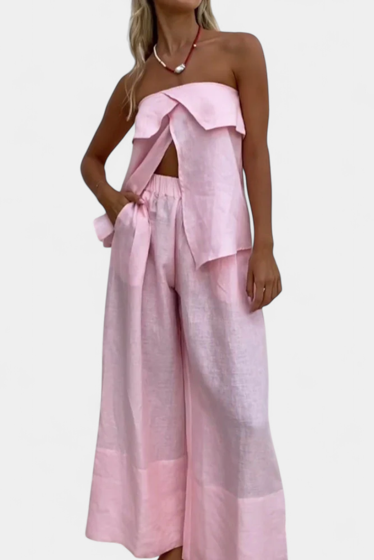 Oriana Strapless Set with Ripped Skirt in Solid Color Design