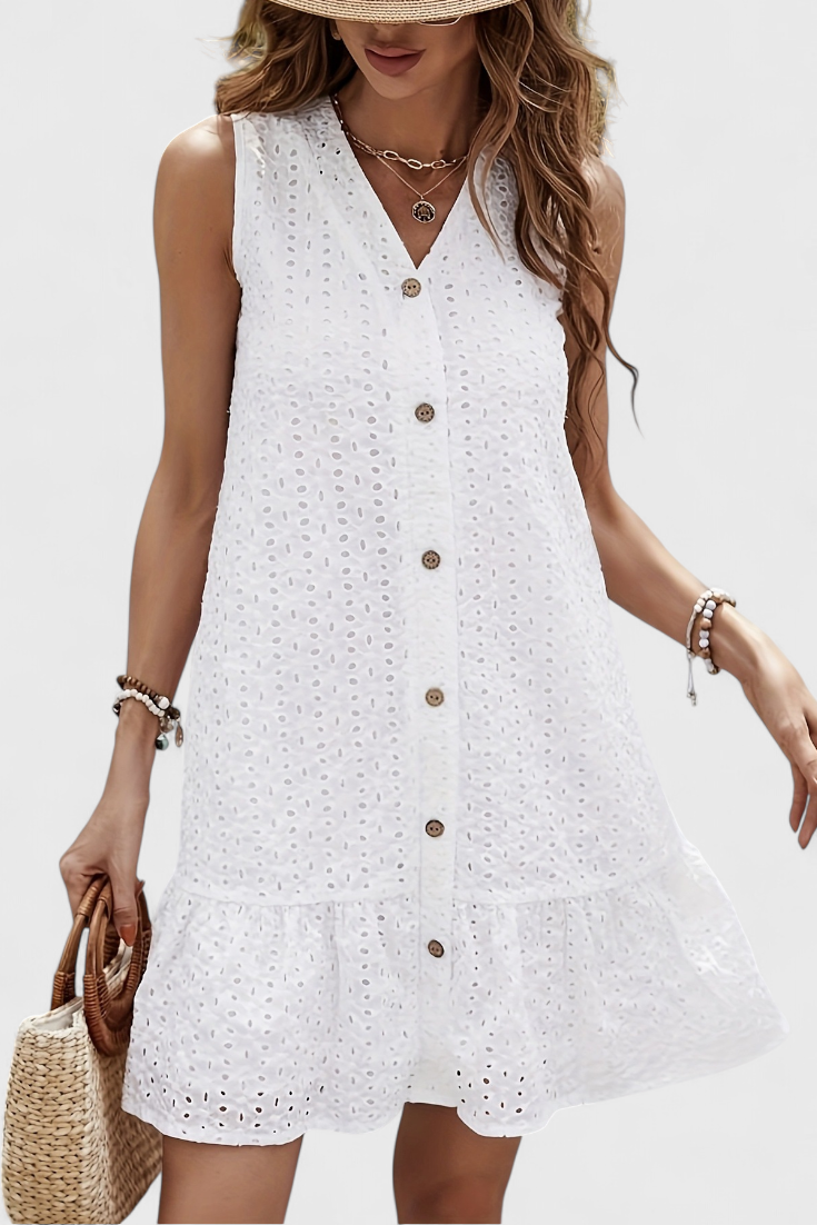 Halina White Embroidered Cotton Dress with Buttons and Combed Hem