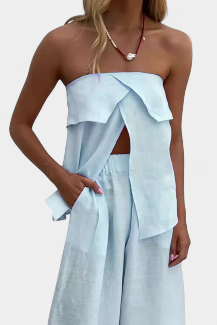 Oriana Strapless Set with Ripped Skirt in Solid Color Design