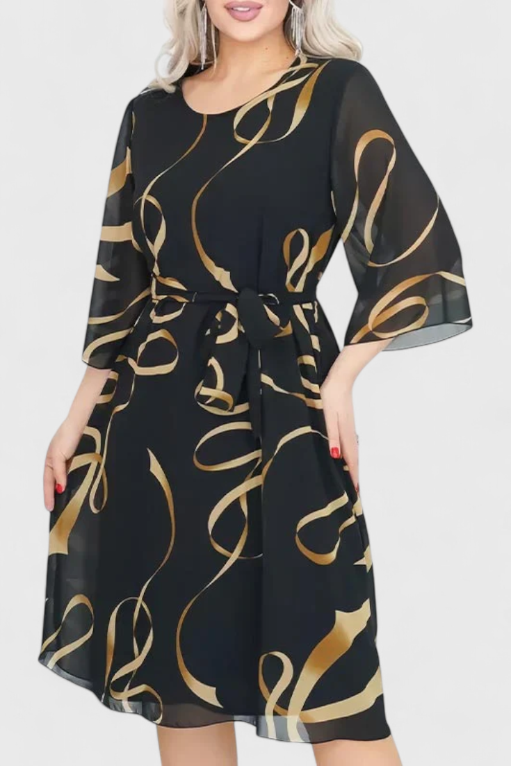 Amelie Midi Dress with Print, Belt and Flexible Cut
