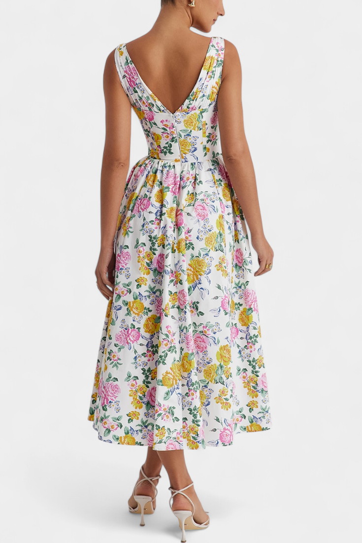 Margie Midi Dress with V-Neck and Romantic Floral Print