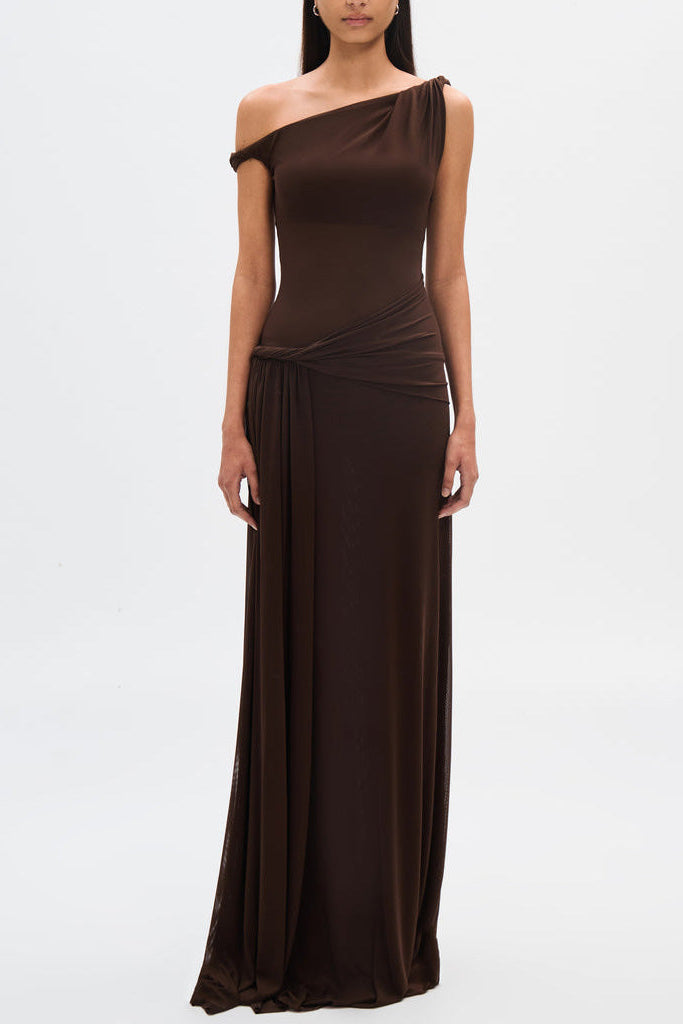 Eranda Sheer Drape Off-Shoulder Maxi Dress