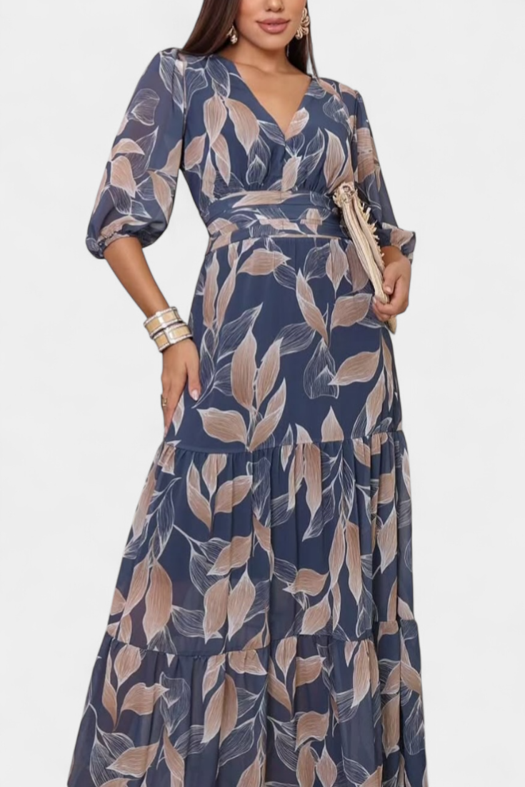 Aisha Long Floral Dress with Airy Line and Leaf Pattern