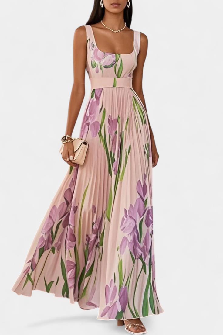 Kalanthi Long Pleated Dress with Floral Pattern and Square Neckline