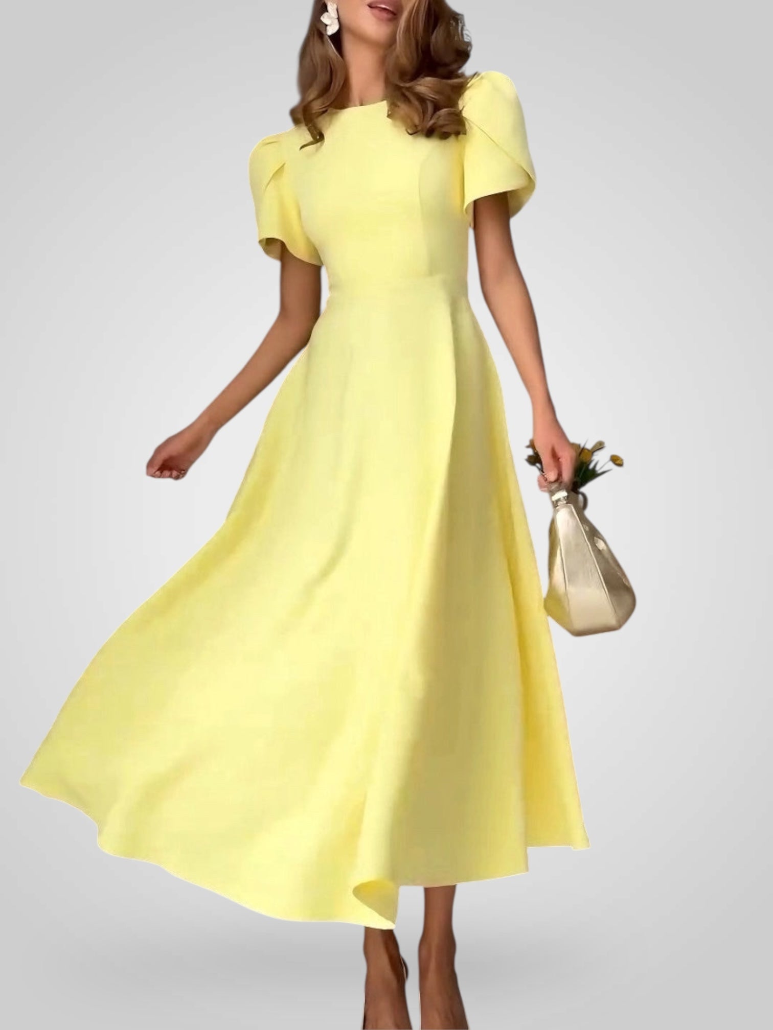 Elegant Midi Dress with High Neck and Bud Sleeves