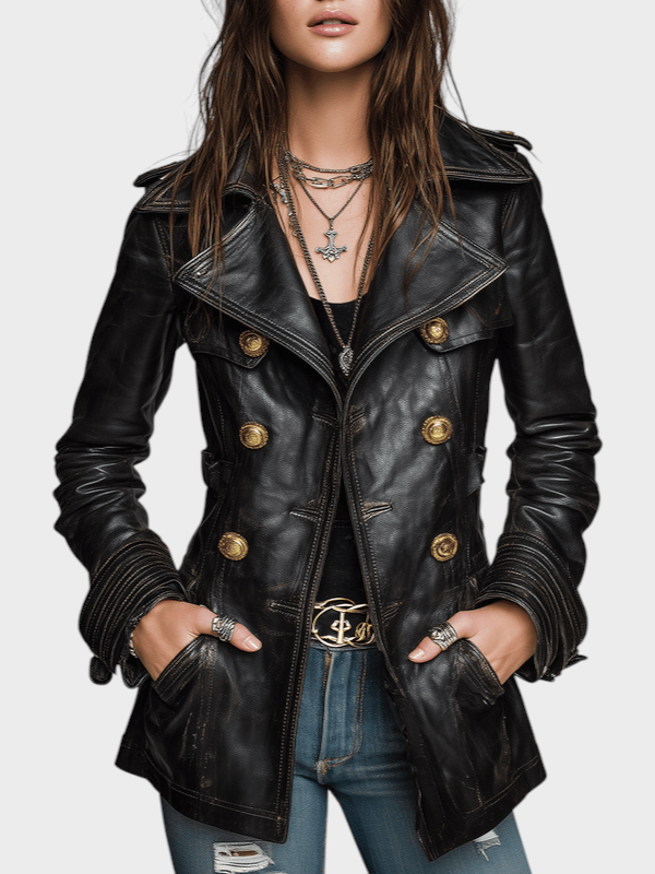 Helga | Vintage Black Faux Leather Double Breasted Jacket