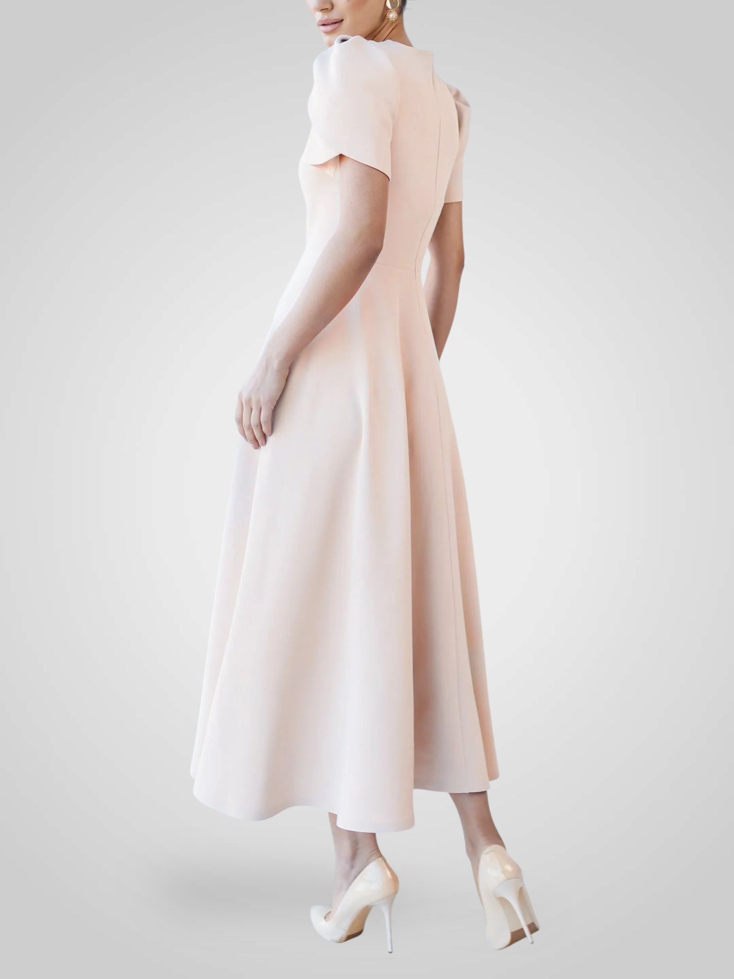 Elegant Midi Dress with High Neck and Bud Sleeves