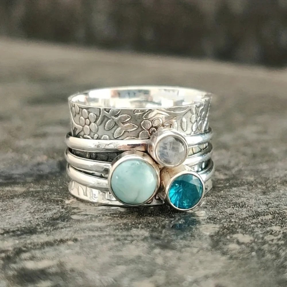 Retro blue natural stone ring