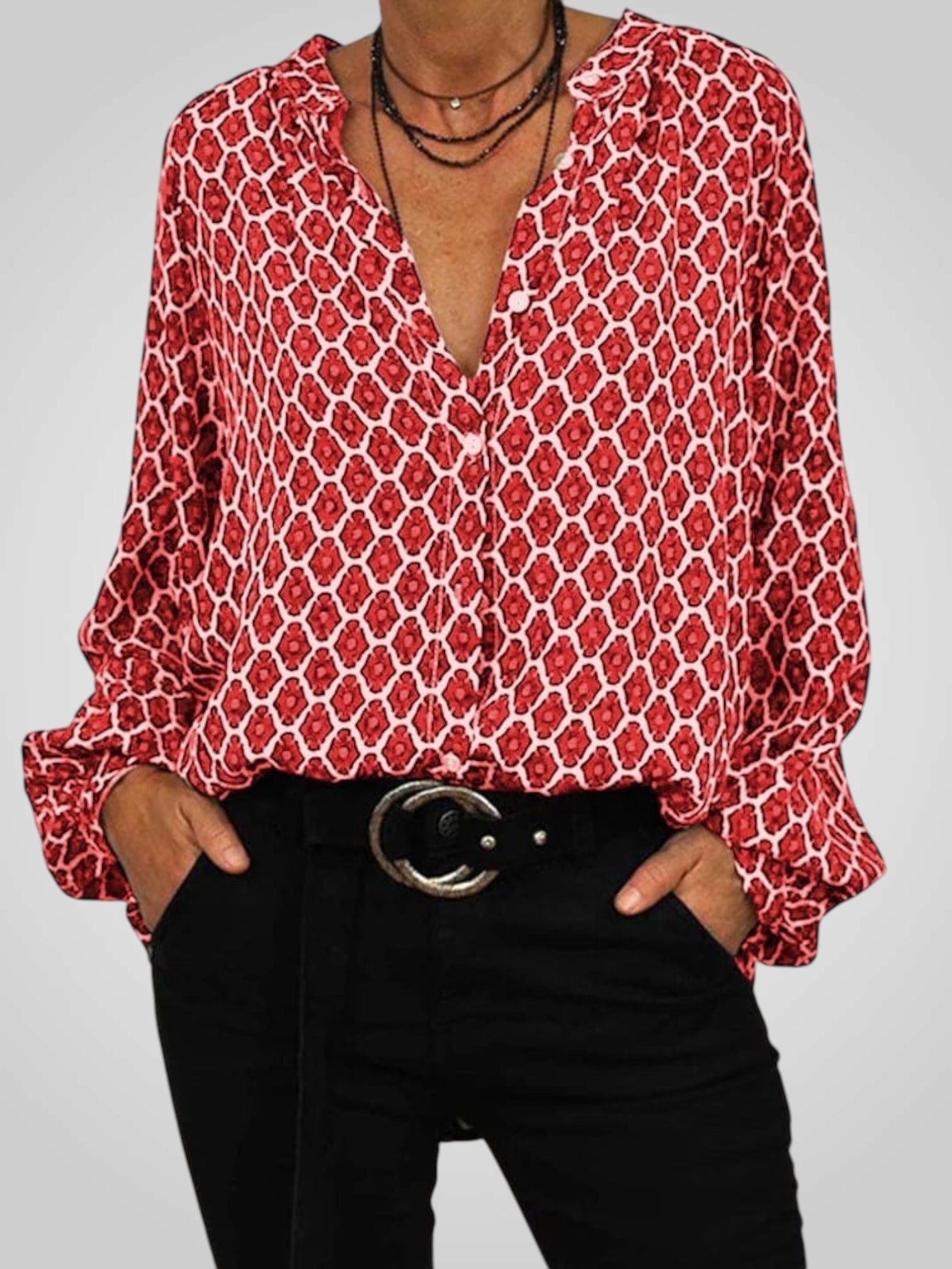 Nela | Elegant V-neck Blouse with Geometric Pattern