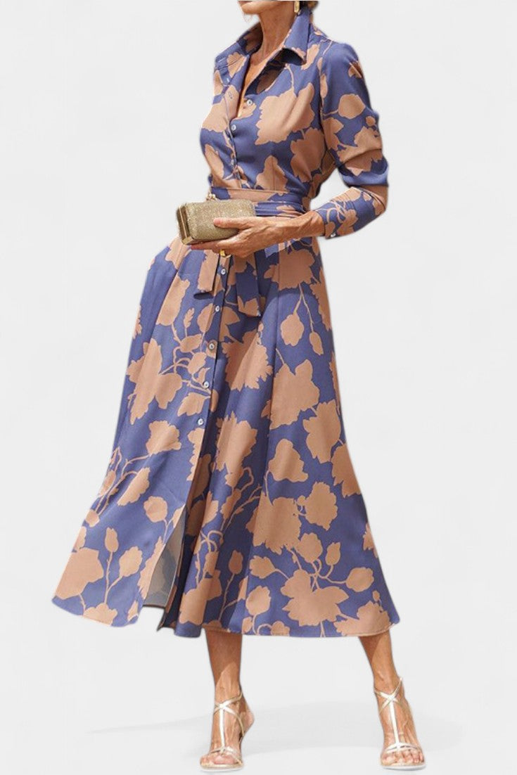 Samaria Midi Dress with Buttons and Floral Collar