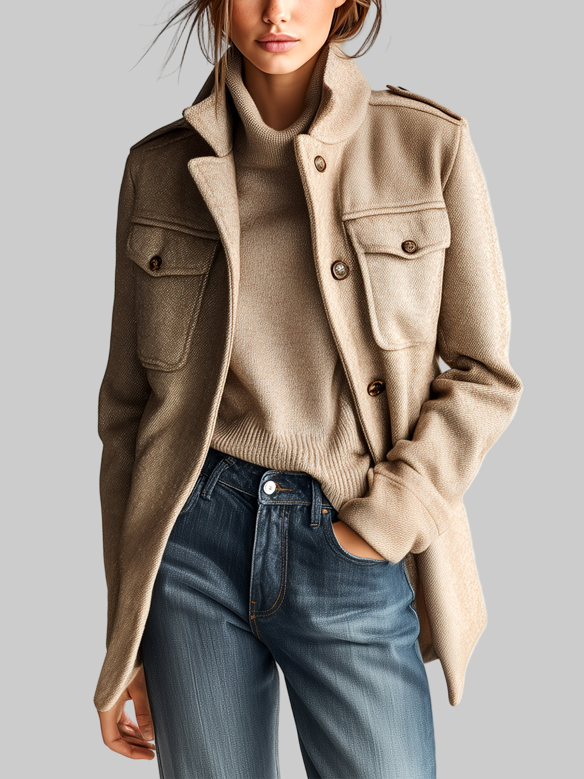 Artemis | Eleven Ora Vintage Casual Camel Wool Blend Jacket with Stand Collar and Multiple Pockets
