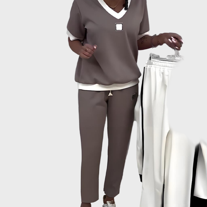 Women's Set with Top and Pants with V-Neckline