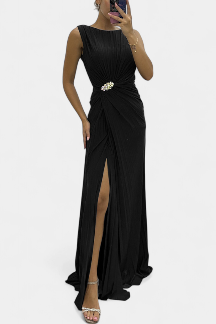 Shiloh Pleated Maxi Dress with Side Slit and Crisscross Neckline