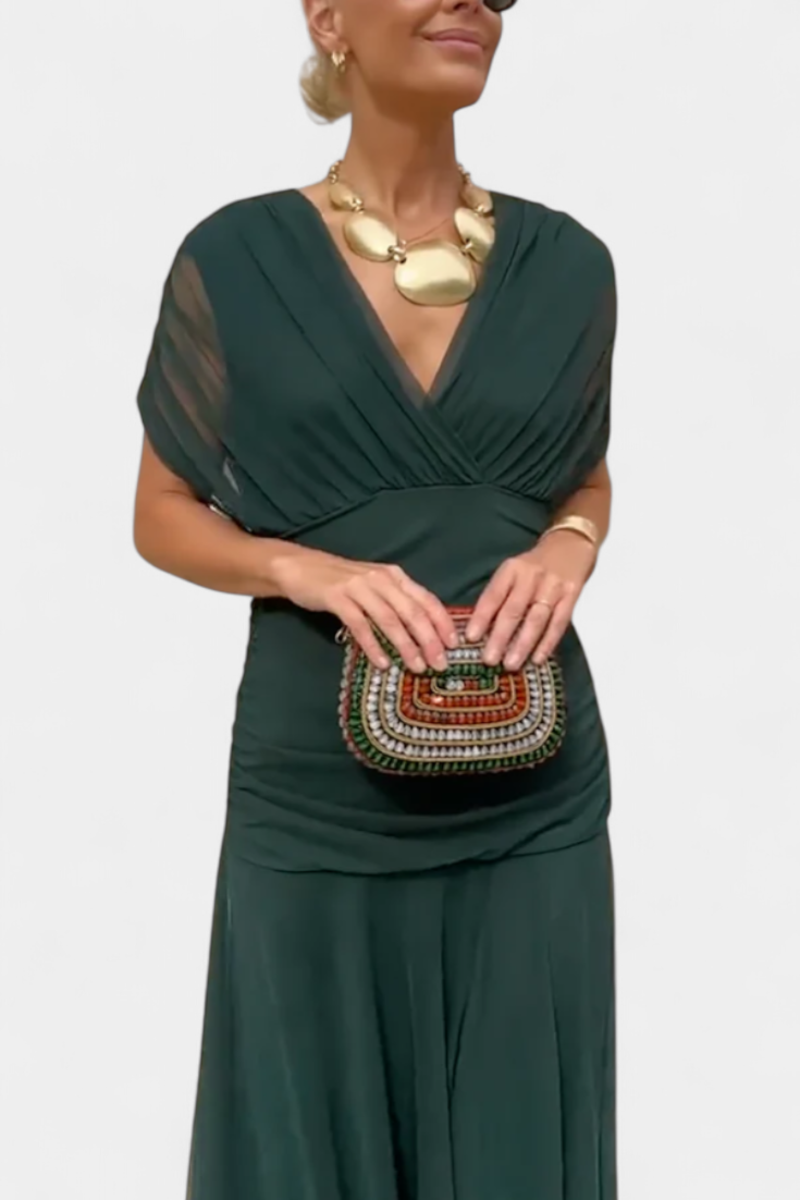 Alondra Long Dress with Floral Fancy Design and Decollete