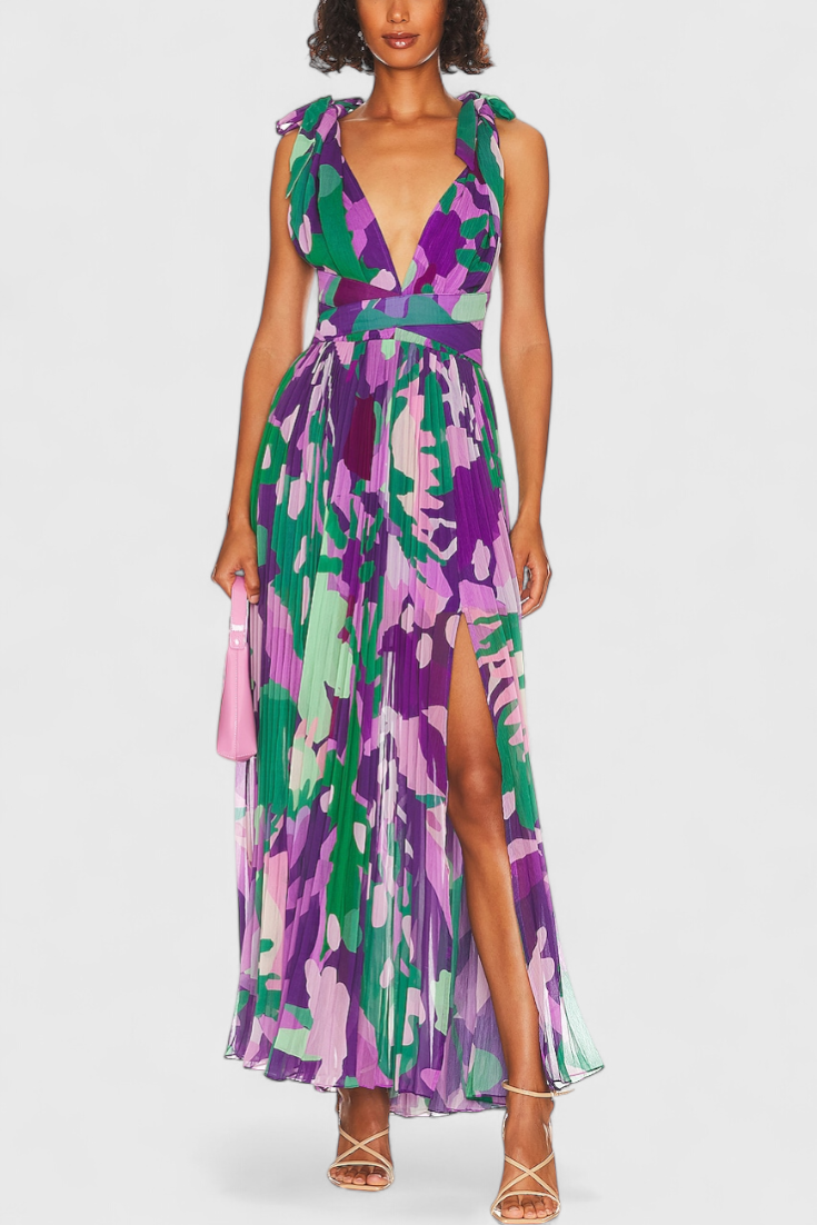 Cecil - Pleated Long Dress with Watercolor and Open Back