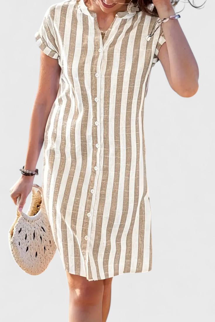 Sandrine Striped Linen Shirt Dress with Buttons