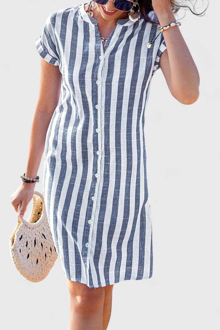Sandrine Striped Linen Shirt Dress with Buttons