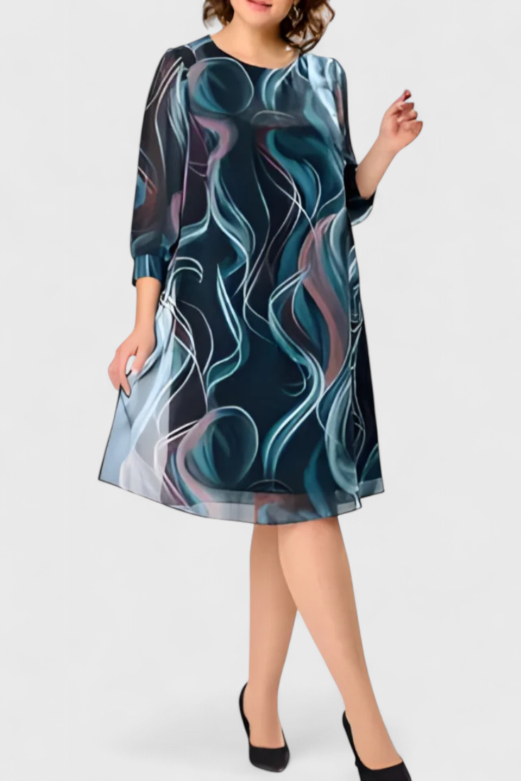 Almira Chiffon Dress with Ocean Whirl Print and Flowing Line