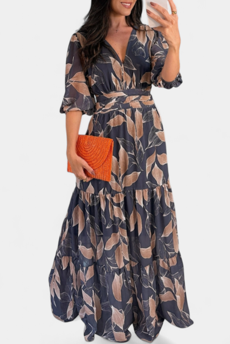 Aisha Long Floral Dress with Airy Line and Leaf Pattern