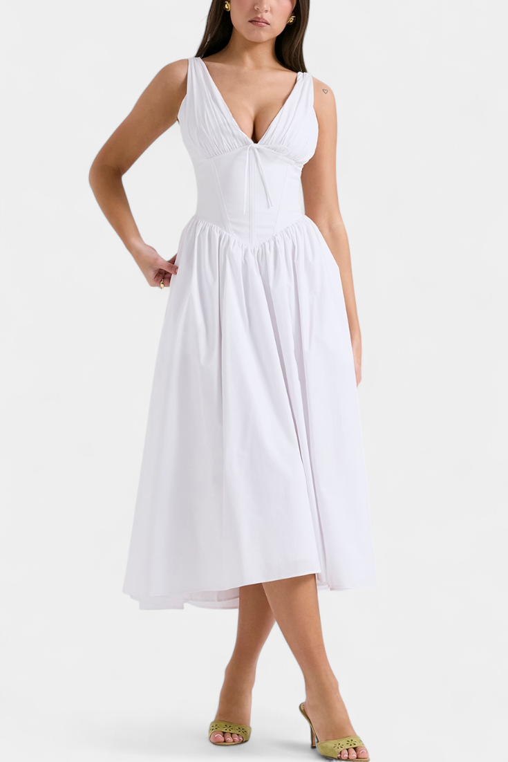 Margie Midi Dress with V-Neck and Romantic Floral Print