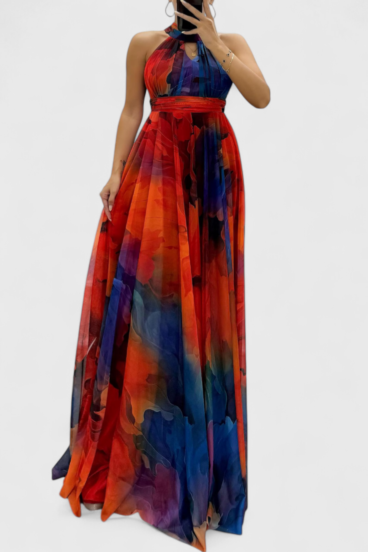 Floral Chiffon Maxi Dress with Tie Neck