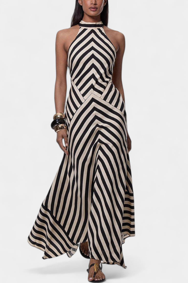 Crispina Striped Halter Maxi Dress with Flowing Line