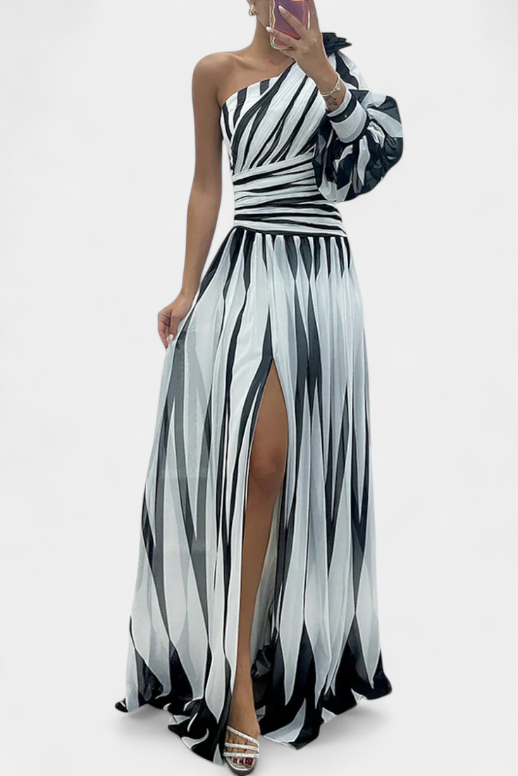 Bethania - Elegant Long Striped One Shoulder Dress